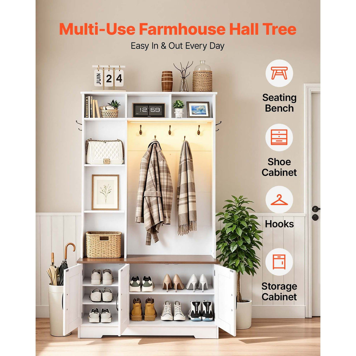 Hall Tree with Bench and Shoe Storage, 39" Wide, Entryway Hall Tree with Bench, Hanging Hooks, Storage Shelves, Adjustable Shoe Shelves, LED Light, Wooden, for Mudroom, Entryway, Hallway, White