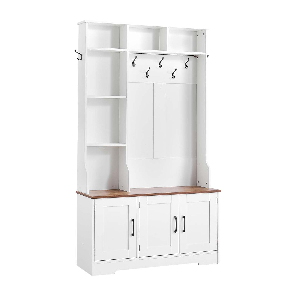 Hall Tree with Bench and Shoe Storage, 39" Wide, Entryway Hall Tree with Bench, Hanging Hooks, Storage Shelves, Adjustable Shoe Shelves, LED Light, Wooden, for Mudroom, Entryway, Hallway, White
