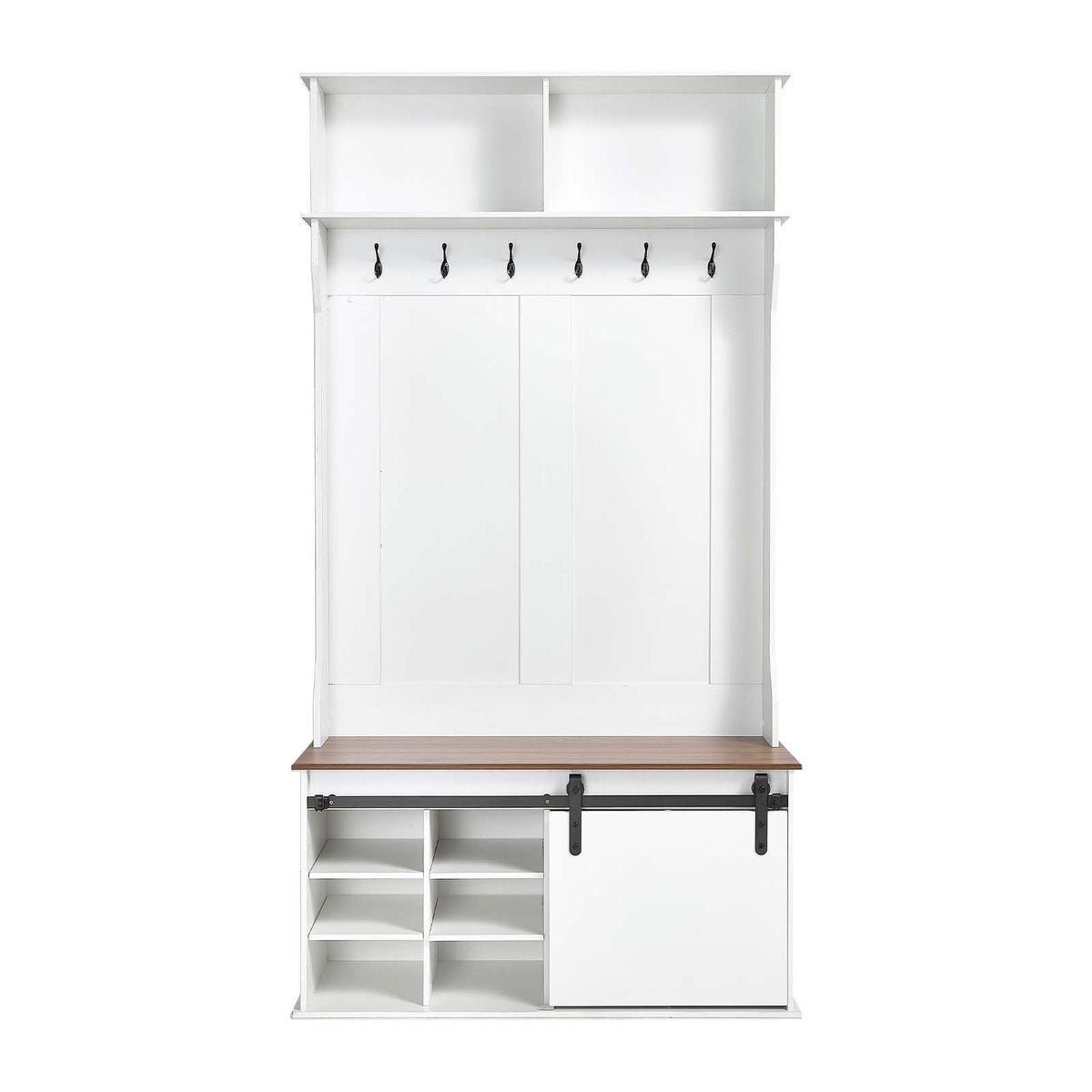 Hall Tree with Bench and Shoe Storage, 42" Wide, Entryway Hall Tree with Bench, Hanging Hooks, Storage Shelves, Adjustable Shoe Shelves, Wooden Furniture for Mudroom, Entryway, Hallway, White