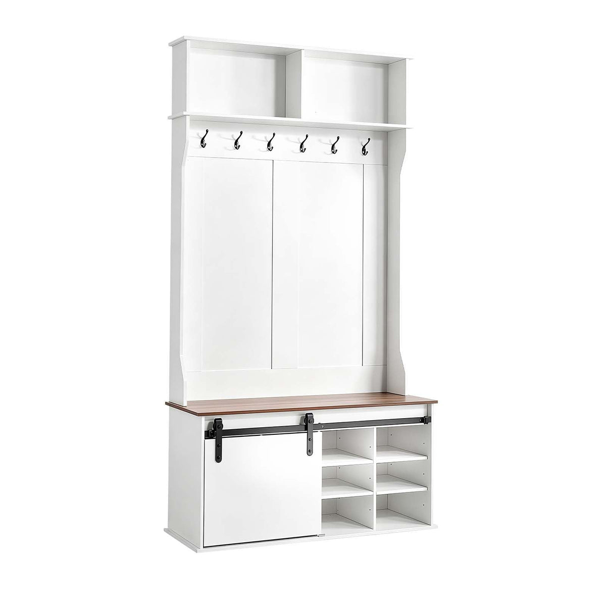 Hall Tree with Bench and Shoe Storage, 42" Wide, Entryway Hall Tree with Bench, Hanging Hooks, Storage Shelves, Adjustable Shoe Shelves, Wooden Furniture for Mudroom, Entryway, Hallway, White