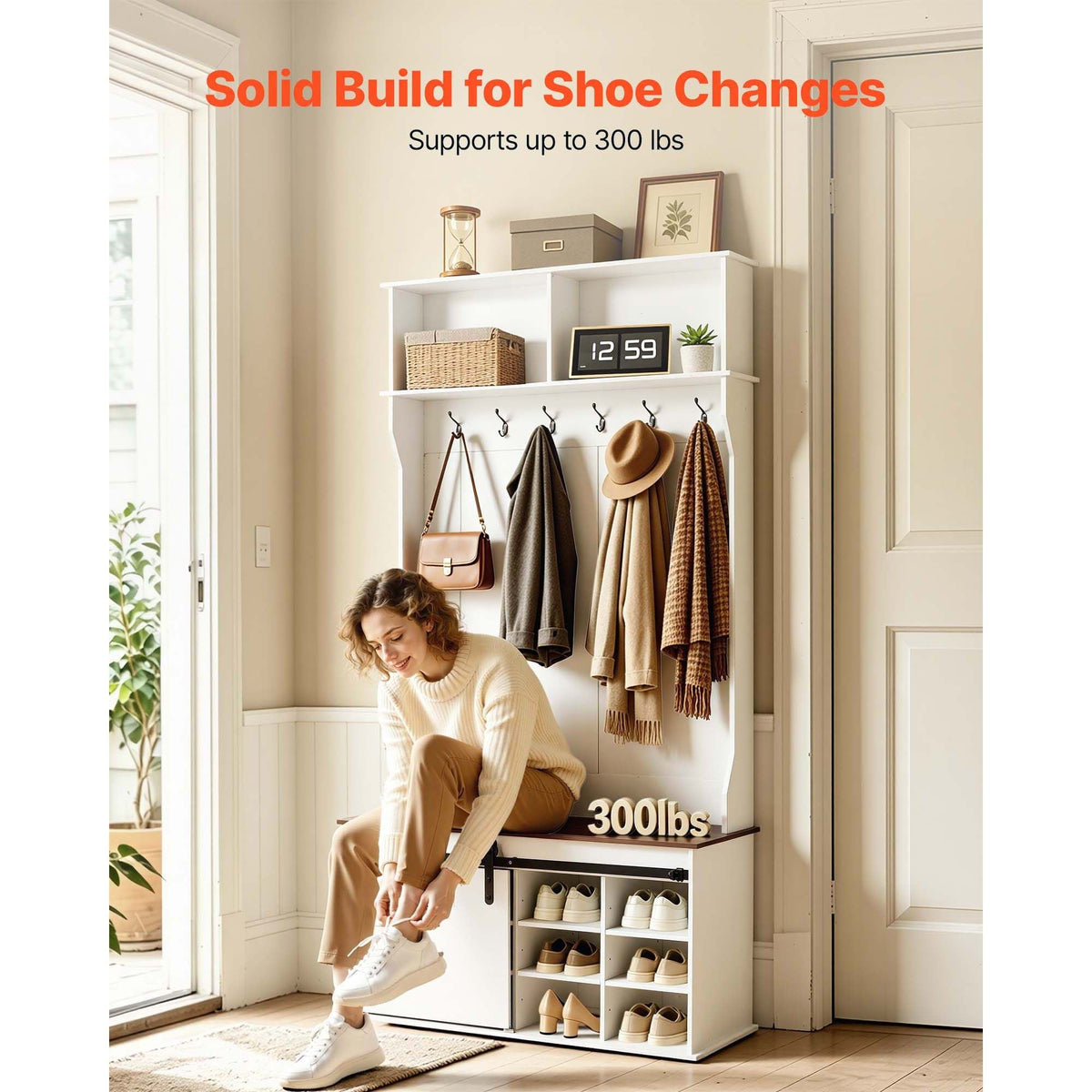Hall Tree with Bench and Shoe Storage, 42" Wide, Entryway Hall Tree with Bench, Hanging Hooks, Storage Shelves, Adjustable Shoe Shelves, Wooden Furniture for Mudroom, Entryway, Hallway, White