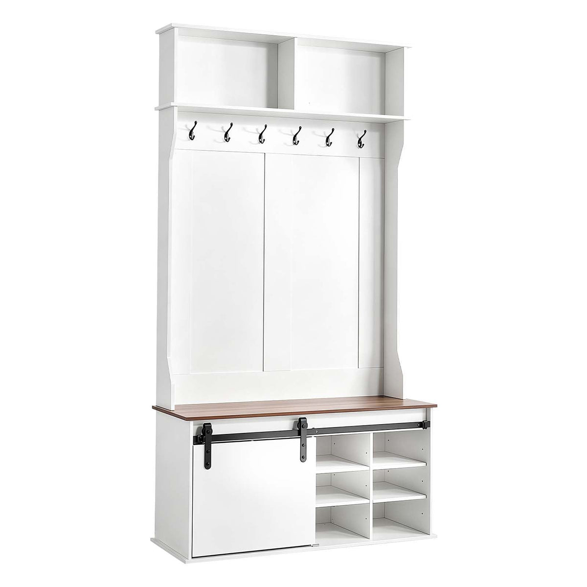 Hall Tree with Bench and Shoe Storage, 42" Wide, Entryway Hall Tree with Bench, Hanging Hooks, Storage Shelves, Adjustable Shoe Shelves, Wooden Furniture for Mudroom, Entryway, Hallway, White