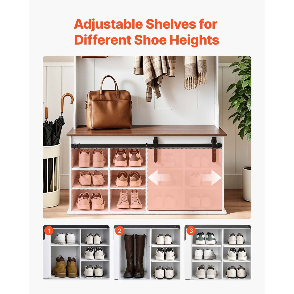 Hall Tree with Bench and Shoe Storage, 42" Wide, Entryway Hall Tree with Bench, Hanging Hooks, Storage Shelves, Adjustable Shoe Shelves, Wooden Furniture for Mudroom, Entryway, Hallway, White