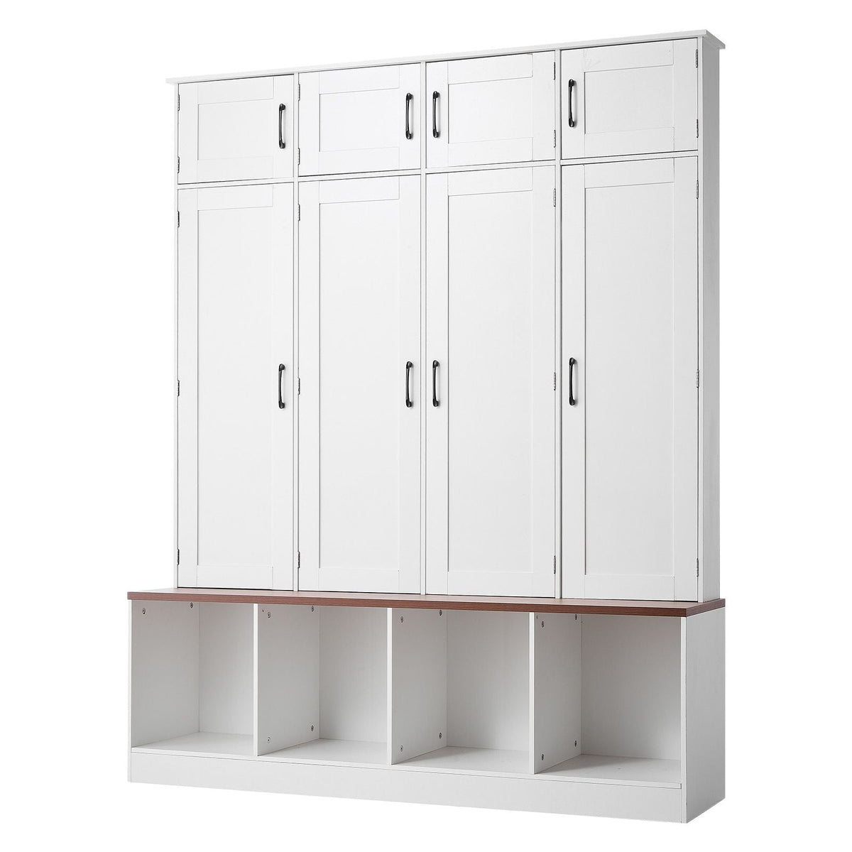 Hall Tree with Bench and Shoe Storage, 59" Wide, 4-in-1 Entryway Hall Tree with Bench, Hanging Hooks, Storage Cabinet, and Shoe Cabinet, Wooden Furniture for Mudroom, Entryway, Hallway, White