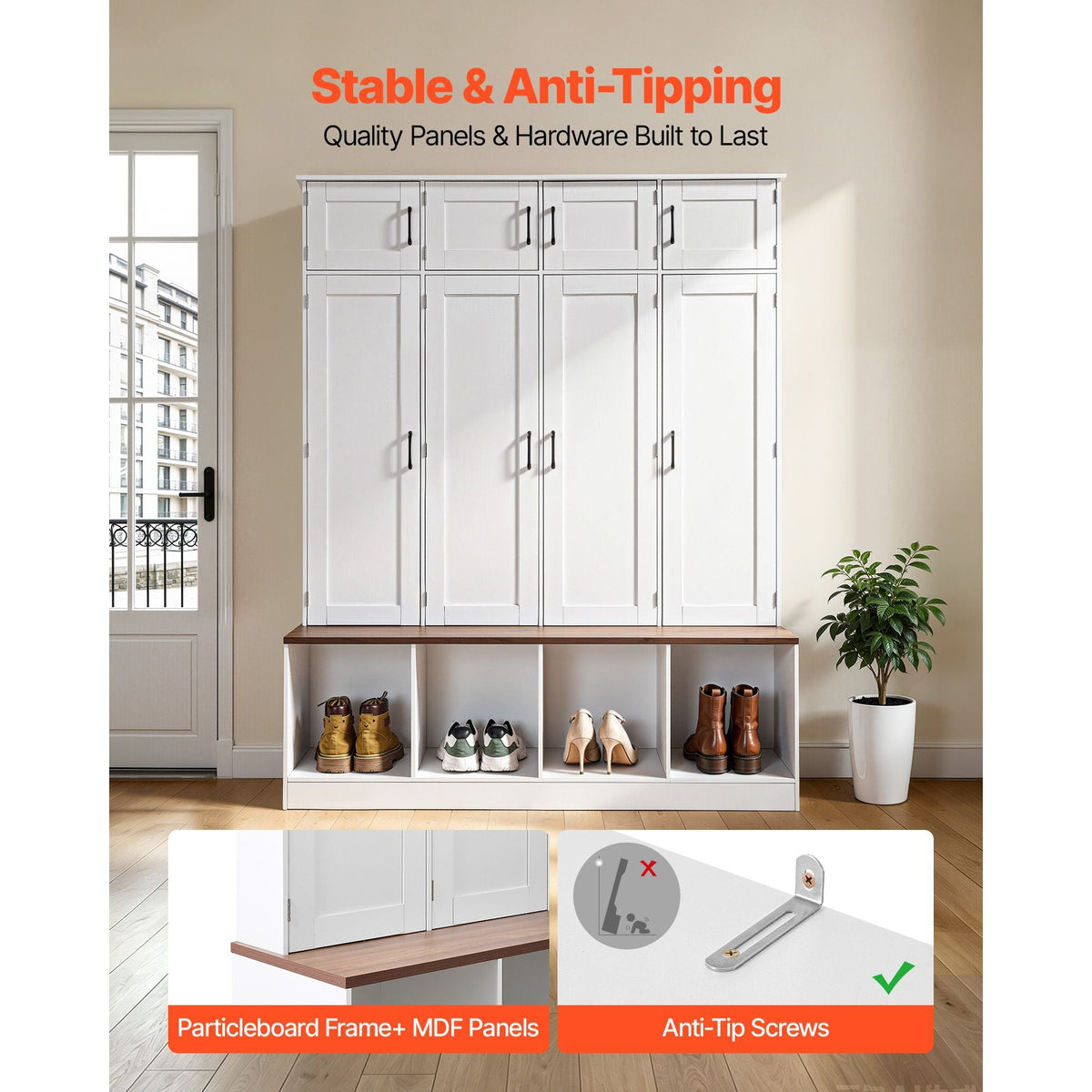 Hall Tree with Bench and Shoe Storage, 59" Wide, 4-in-1 Entryway Hall Tree with Bench, Hanging Hooks, Storage Cabinet, and Shoe Cabinet, Wooden Furniture for Mudroom, Entryway, Hallway, White