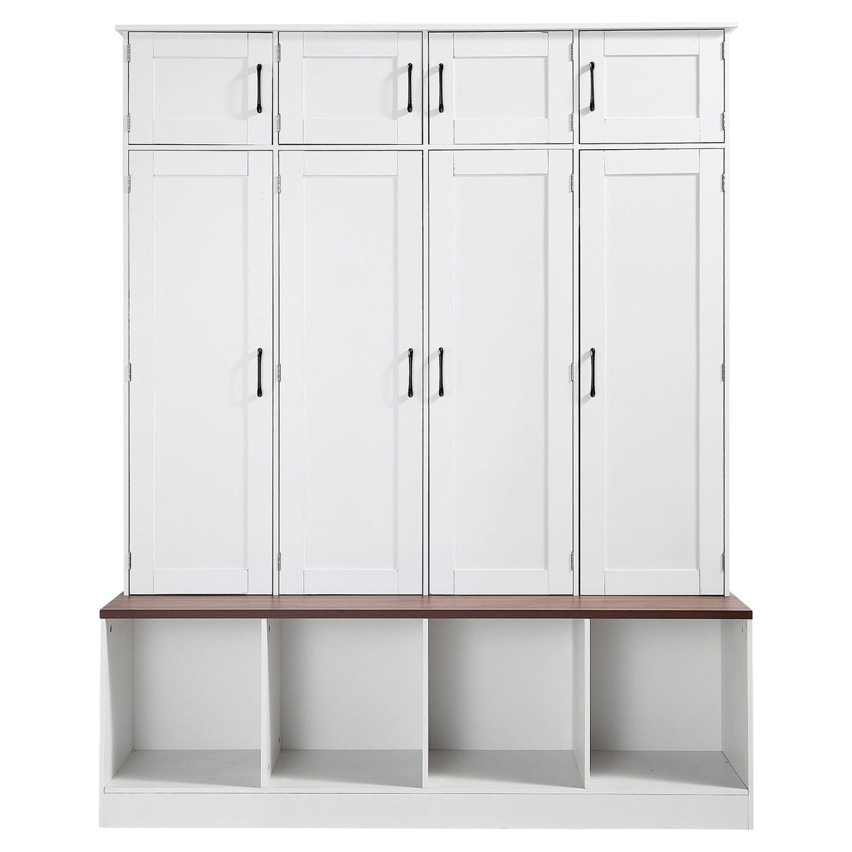 Hall Tree with Bench and Shoe Storage, 59" Wide, 4-in-1 Entryway Hall Tree with Bench, Hanging Hooks, Storage Cabinet, and Shoe Cabinet, Wooden Furniture for Mudroom, Entryway, Hallway, White