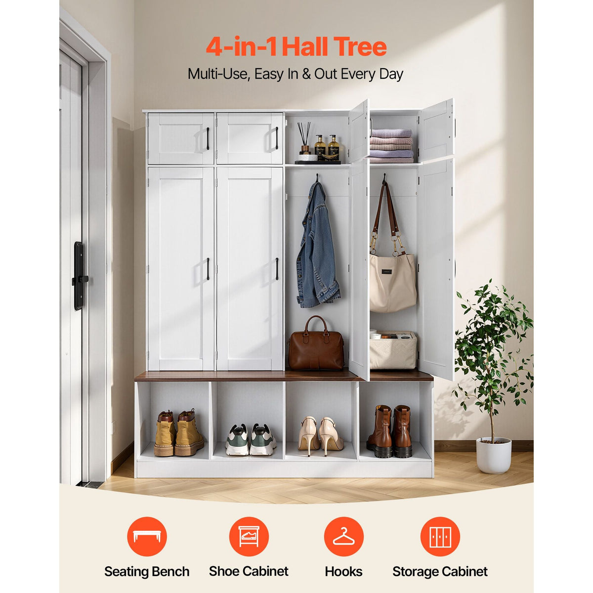 Hall Tree with Bench and Shoe Storage, 59" Wide, 4-in-1 Entryway Hall Tree with Bench, Hanging Hooks, Storage Cabinet, and Shoe Cabinet, Wooden Furniture for Mudroom, Entryway, Hallway, White