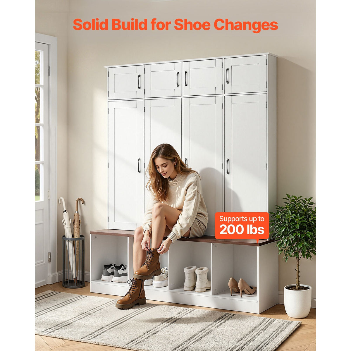 Hall Tree with Bench and Shoe Storage, 59" Wide, 4-in-1 Entryway Hall Tree with Bench, Hanging Hooks, Storage Cabinet, and Shoe Cabinet, Wooden Furniture for Mudroom, Entryway, Hallway, White