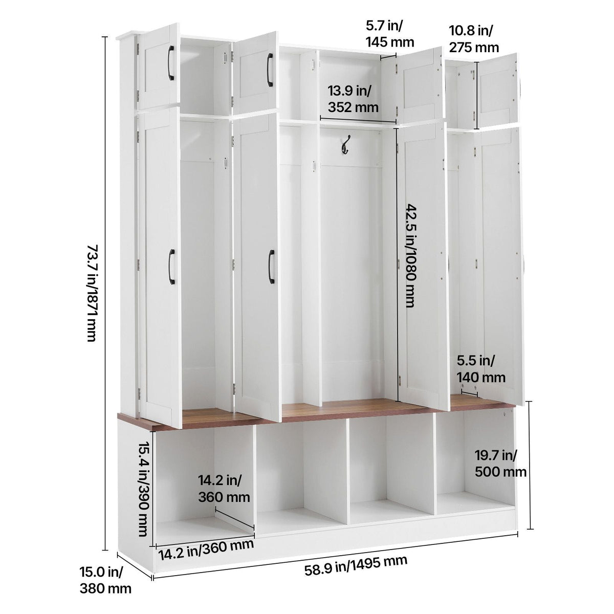 Hall Tree with Bench and Shoe Storage, 59" Wide, 4-in-1 Entryway Hall Tree with Bench, Hanging Hooks, Storage Cabinet, and Shoe Cabinet, Wooden Furniture for Mudroom, Entryway, Hallway, White