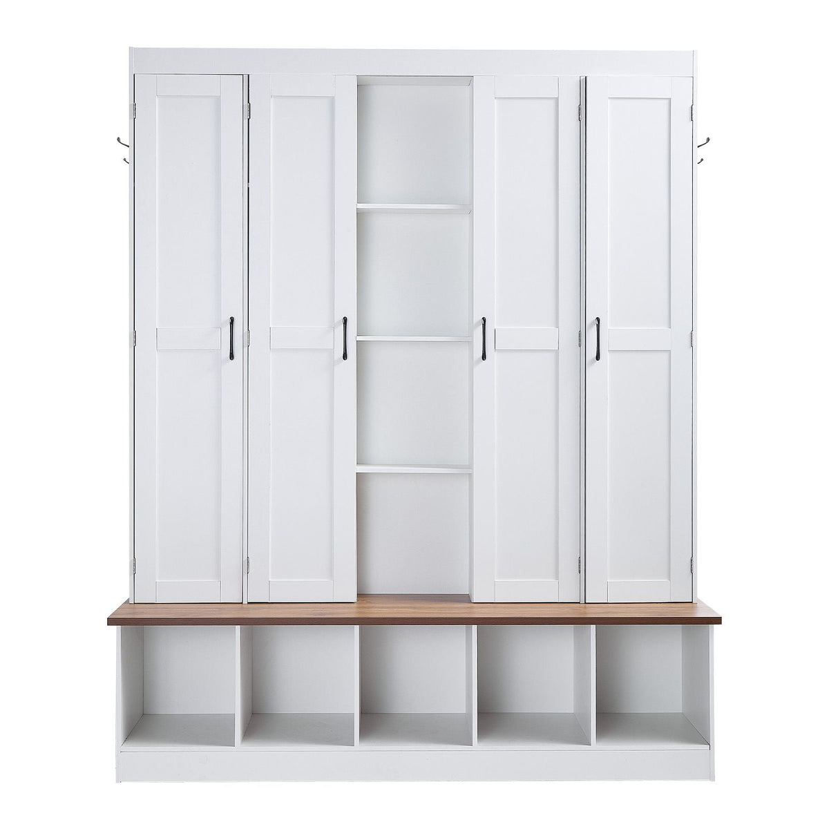 Hall Tree with Bench and Shoe Storage, 63" Wide, 4-in-1 Entryway Hall Tree with Bench, Hanging Hooks, Storage Cabinet, and Shoe Cabinet, Wooden Furniture for Mudroom, Entryway, Hallway, White