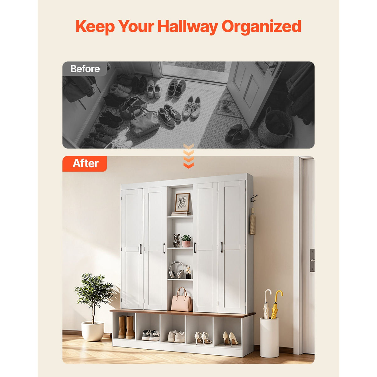 Hall Tree with Bench and Shoe Storage, 63" Wide, 4-in-1 Entryway Hall Tree with Bench, Hanging Hooks, Storage Cabinet, and Shoe Cabinet, Wooden Furniture for Mudroom, Entryway, Hallway, White