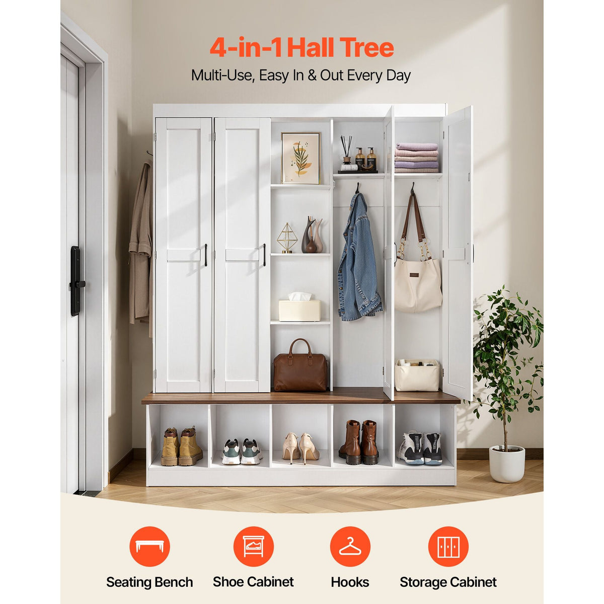 Hall Tree with Bench and Shoe Storage, 63" Wide, 4-in-1 Entryway Hall Tree with Bench, Hanging Hooks, Storage Cabinet, and Shoe Cabinet, Wooden Furniture for Mudroom, Entryway, Hallway, White