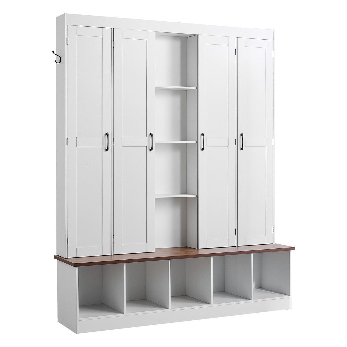 Hall Tree with Bench and Shoe Storage, 63" Wide, 4-in-1 Entryway Hall Tree with Bench, Hanging Hooks, Storage Cabinet, and Shoe Cabinet, Wooden Furniture for Mudroom, Entryway, Hallway, White