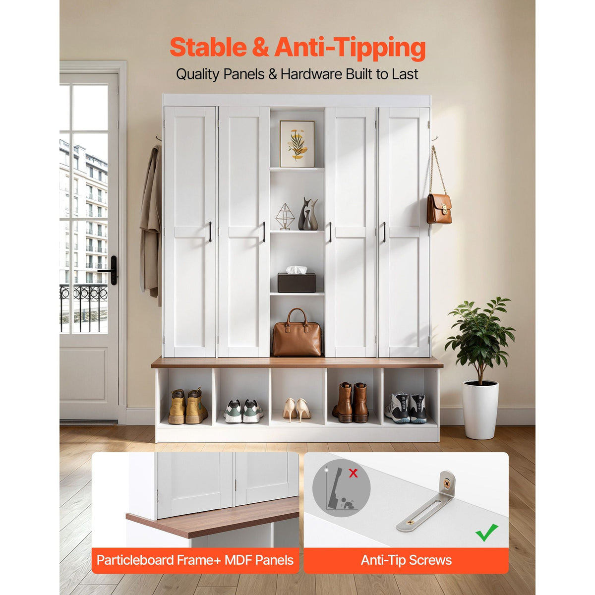 Hall Tree with Bench and Shoe Storage, 63" Wide, 4-in-1 Entryway Hall Tree with Bench, Hanging Hooks, Storage Cabinet, and Shoe Cabinet, Wooden Furniture for Mudroom, Entryway, Hallway, White