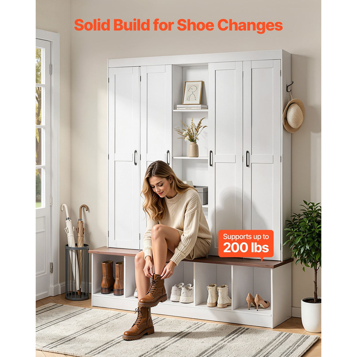 Hall Tree with Bench and Shoe Storage, 63" Wide, 4-in-1 Entryway Hall Tree with Bench, Hanging Hooks, Storage Cabinet, and Shoe Cabinet, Wooden Furniture for Mudroom, Entryway, Hallway, White