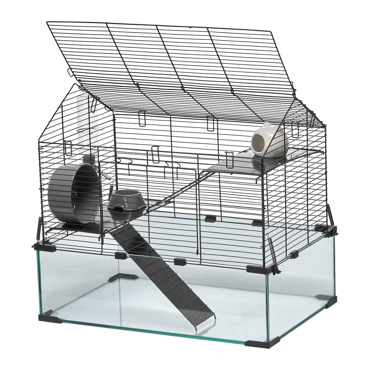 Hamster Cage, 360° Viewing Transparent Hamster Habitats, Small Animal Cage, 22.8 x 15 x 21.3 in, Ventilated Pet Mouse Cages with Water Bottle, Portable Hamster House for Rats, Guinea Pigs