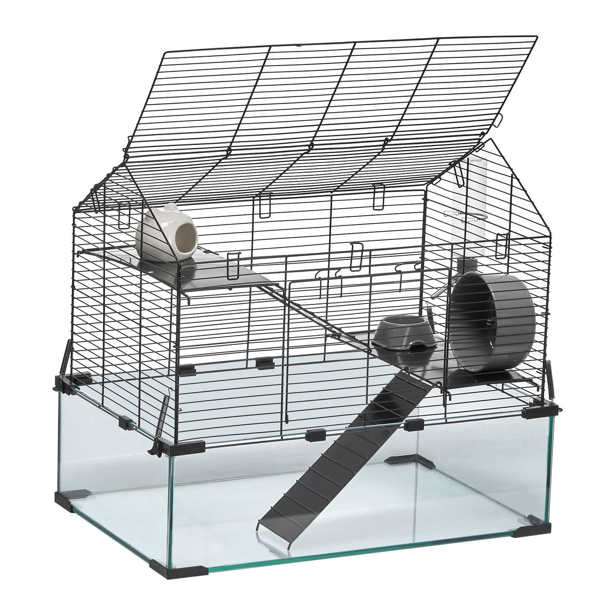 Hamster Cage, 360° Viewing Transparent Hamster Habitats, Small Animal Cage, 22.8 x 15 x 21.3 in, Ventilated Pet Mouse Cages with Water Bottle, Portable Hamster House for Rats, Guinea Pigs