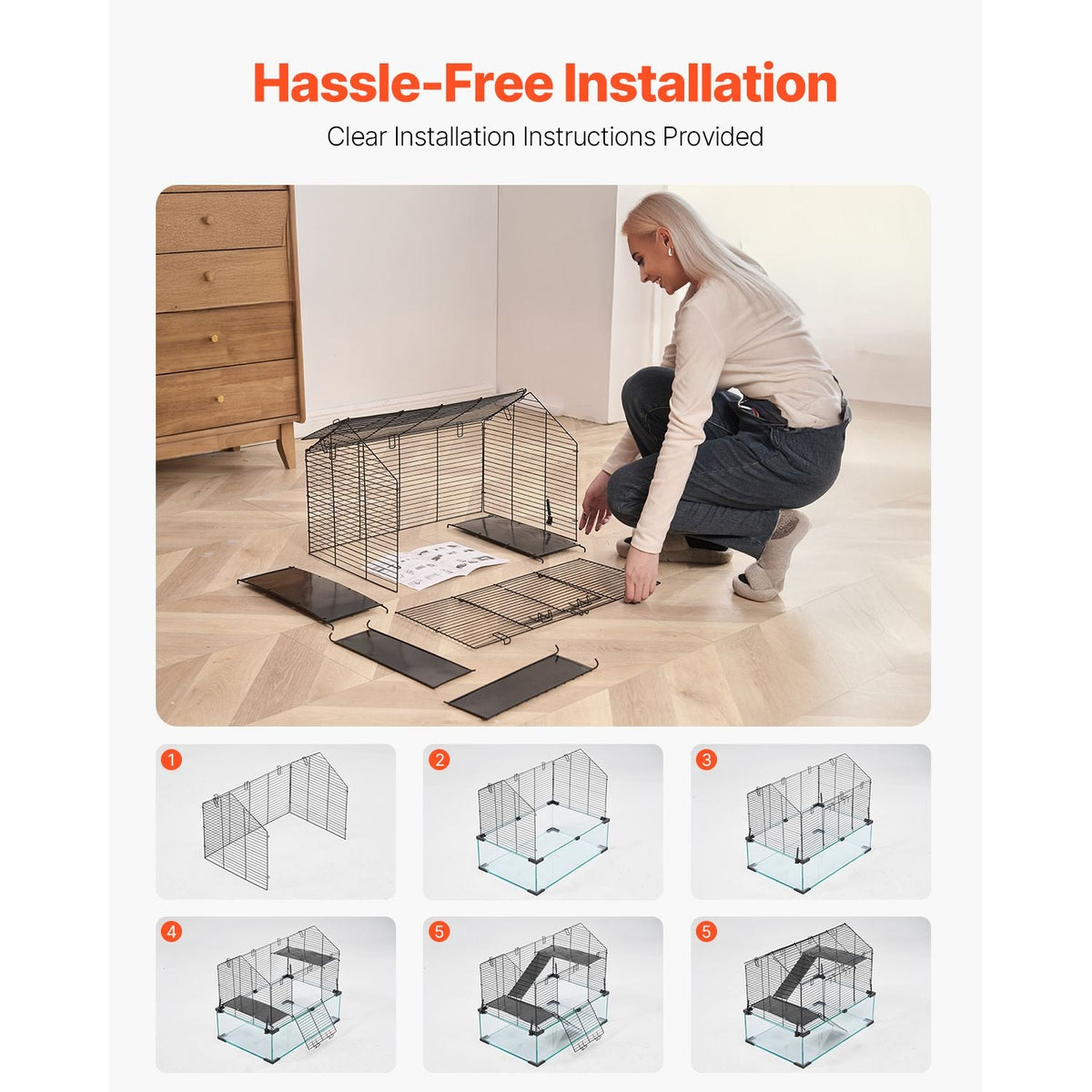 Hamster Cage, 360° Viewing Transparent Hamster Habitats, Small Animal Cage, 22.8 x 15 x 21.3 in, Ventilated Pet Mouse Cages with Water Bottle, Portable Hamster House for Rats, Guinea Pigs