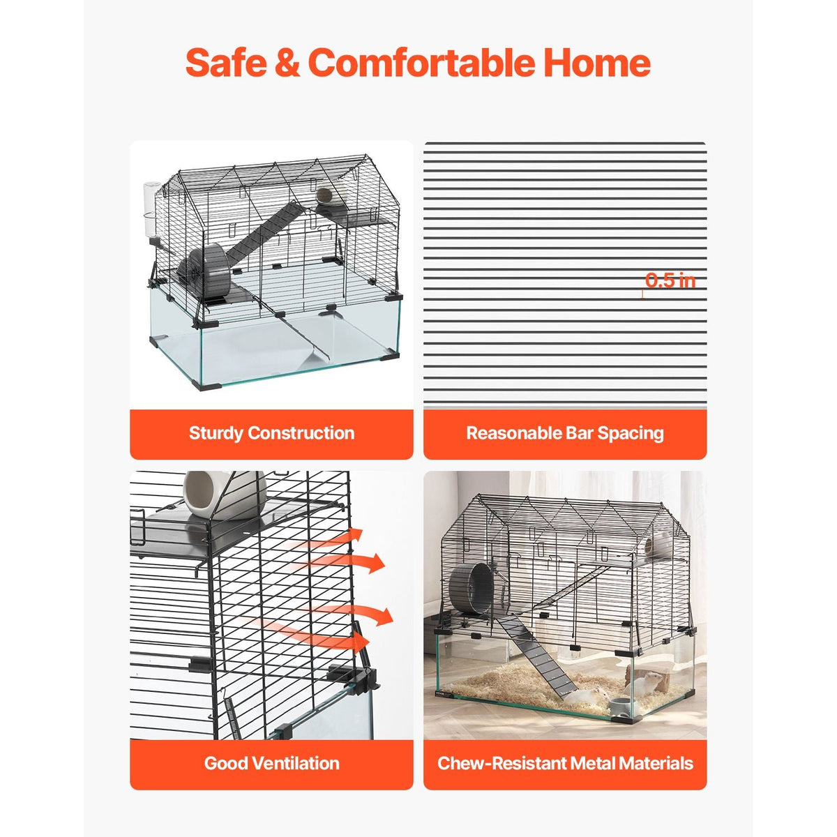 Hamster Cage, 360° Viewing Transparent Hamster Habitats, Small Animal Cage, 22.8 x 15 x 21.3 in, Ventilated Pet Mouse Cages with Water Bottle, Portable Hamster House for Rats, Guinea Pigs