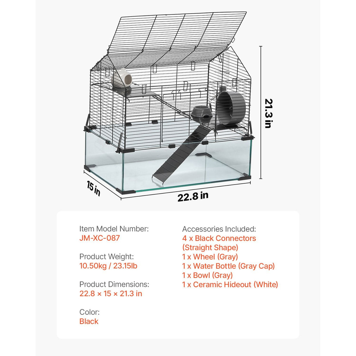 Hamster Cage, 360° Viewing Transparent Hamster Habitats, Small Animal Cage, 22.8 x 15 x 21.3 in, Ventilated Pet Mouse Cages with Water Bottle, Portable Hamster House for Rats, Guinea Pigs
