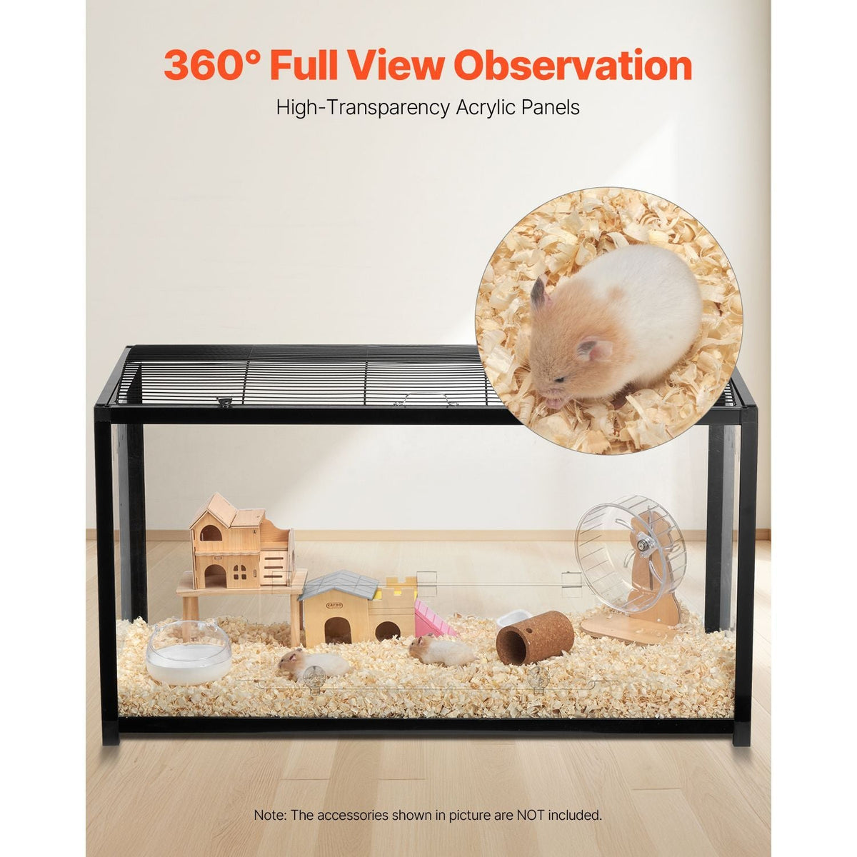 Hamster Cage, 360° Viewing Transparent Hamster Habitats, Small Animal Cage, 37.8 x 18.5 x 21.7 in, Ventilated Pet Mouse Cages with Front Door, Portable Hamster House for Rats, Guinea Pigs