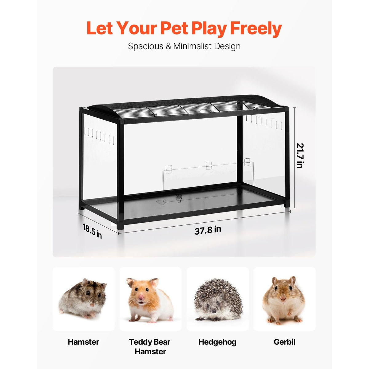 Hamster Cage, 360° Viewing Transparent Hamster Habitats, Small Animal Cage, 37.8 x 18.5 x 21.7 in, Ventilated Pet Mouse Cages with Front Door, Portable Hamster House for Rats, Guinea Pigs