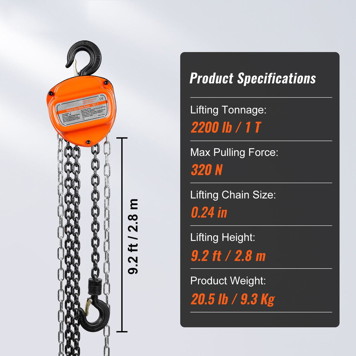 Hand Chain Hoist, 1 Ton 2200 lbs Capacity 10 FT Come Along, G80 Galvanized Carbon Steel with Double-Pawl Brake, Auto Chain Leading & 360° Rotation Hook, for Garage Factory Dock