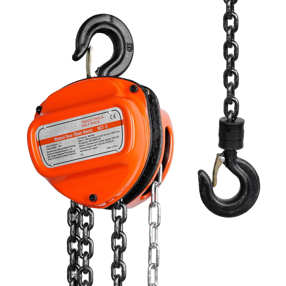 Hand Chain Hoist, 1 Ton 2200 lbs Capacity 10 FT Come Along, G80 Galvanized Carbon Steel with Double-Pawl Brake, Auto Chain Leading & 360° Rotation Hook, for Garage Factory Dock