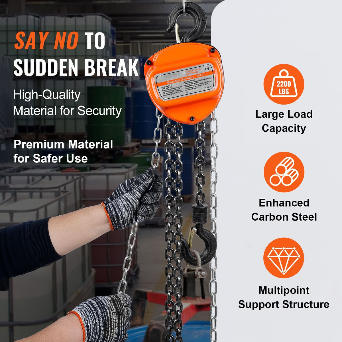Hand Chain Hoist, 1 Ton 2200 lbs Capacity 10 FT Come Along, G80 Galvanized Carbon Steel with Double-Pawl Brake, Auto Chain Leading & 360° Rotation Hook, for Garage Factory Dock