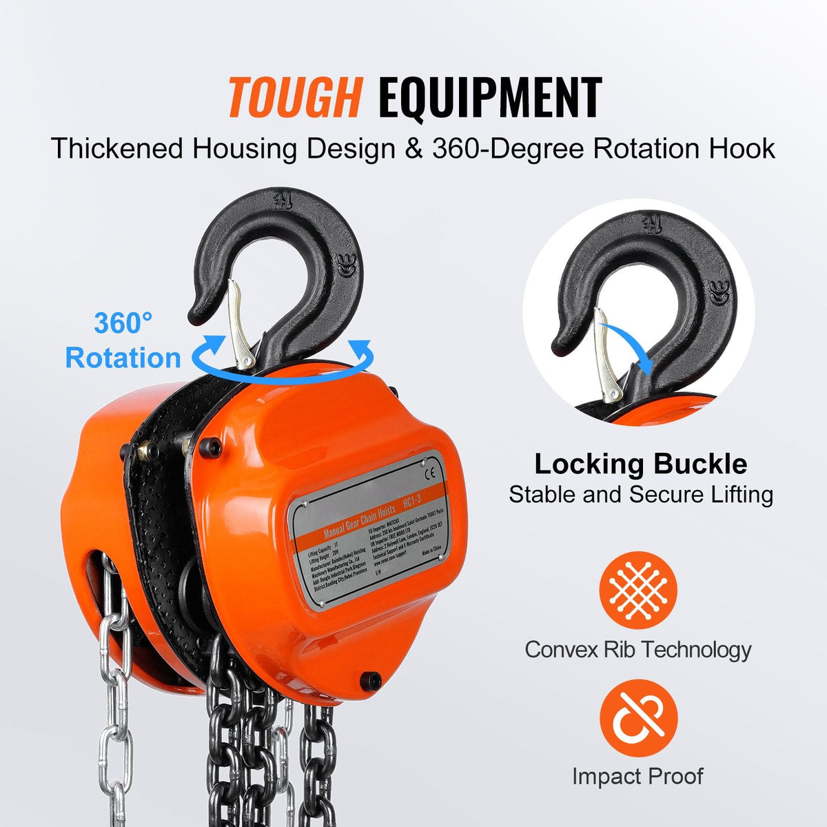 Hand Chain Hoist, 1 Ton 2200 lbs Capacity 20 FT Come Along, G80 Galvanized Carbon Steel with Double-Pawl Brake, Auto Chain Leading & 360° Rotation Hook, for Garage Factory Dock
