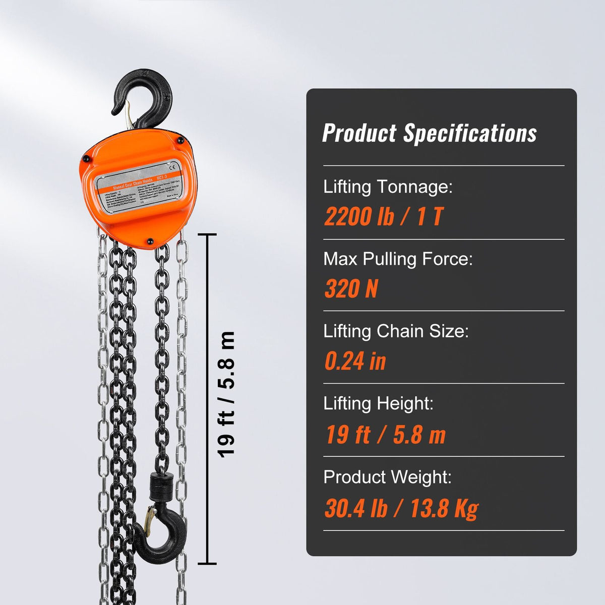 Hand Chain Hoist, 1 Ton 2200 lbs Capacity 20 FT Come Along, G80 Galvanized Carbon Steel with Double-Pawl Brake, Auto Chain Leading & 360° Rotation Hook, for Garage Factory Dock
