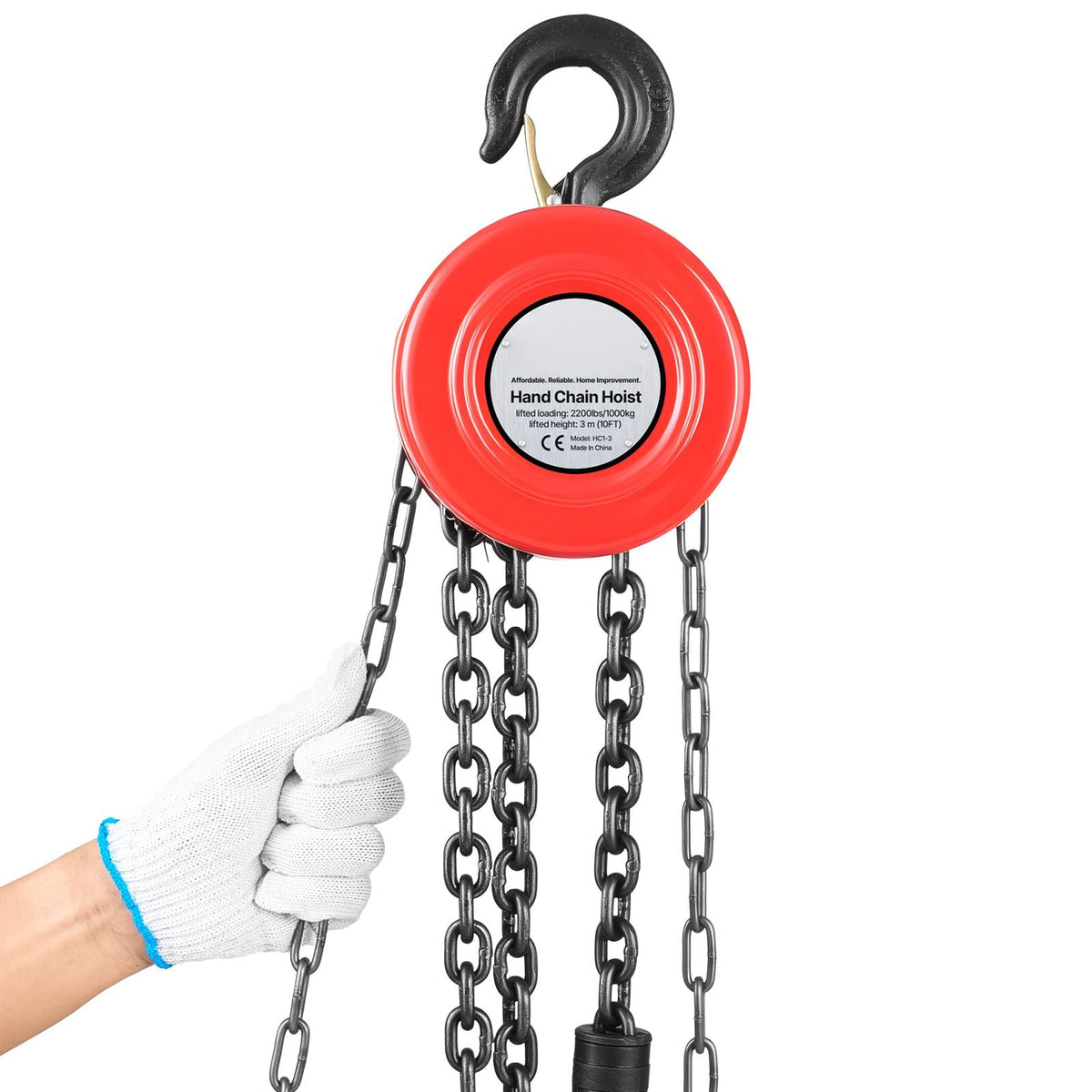 Hand Chain Hoist, 1 Ton 2200 lbs Capacity, Manual Chain Block with Upgrade G70 Galvanized Chain, 10 ft Lifting Height, Heavy Duty Pulley Hoist for Garage Warehouse Automotive Machinery, Red