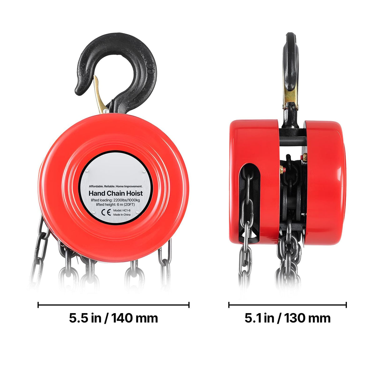 Hand Chain Hoist, 1 Ton 2200 lbs Capacity, Manual Chain Block with Upgrade G70 Galvanized Chain, 20 ft Lifting Height, Heavy Duty Pulley Hoist for Garage Warehouse Automotive Machinery, Red
