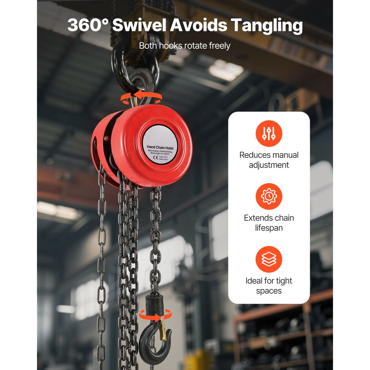 Hand Chain Hoist, 1 Ton 2200 lbs Capacity, Manual Chain Block with Upgrade G70 Galvanized Chain, 20 ft Lifting Height, Heavy Duty Pulley Hoist for Garage Warehouse Automotive Machinery, Red