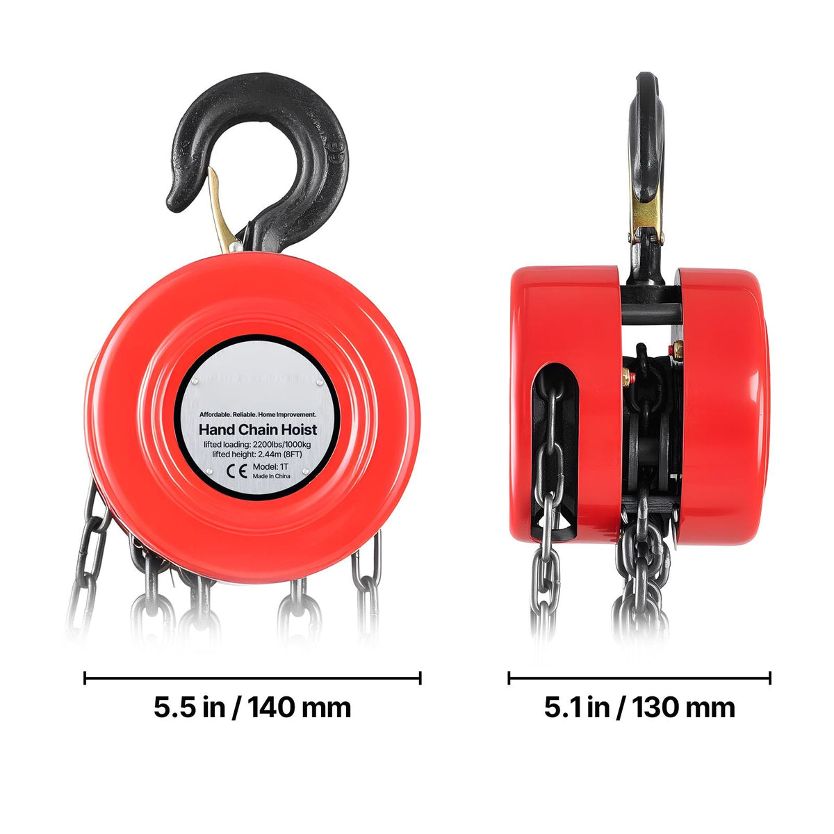 Hand Chain Hoist, 1 Ton 2200 lbs Capacity, Manual Chain Block with Upgrade G70 Galvanized Chain, 8 ft Lifting Height, Heavy Duty Pulley Hoist for Garage Warehouse Automotive Machinery, Red