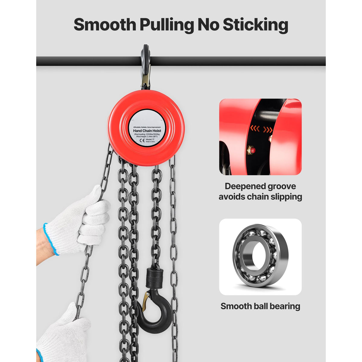 Hand Chain Hoist, 1 Ton 2200 lbs Capacity, Manual Chain Block with Upgrade G70 Galvanized Chain, 8 ft Lifting Height, Heavy Duty Pulley Hoist for Garage Warehouse Automotive Machinery, Red