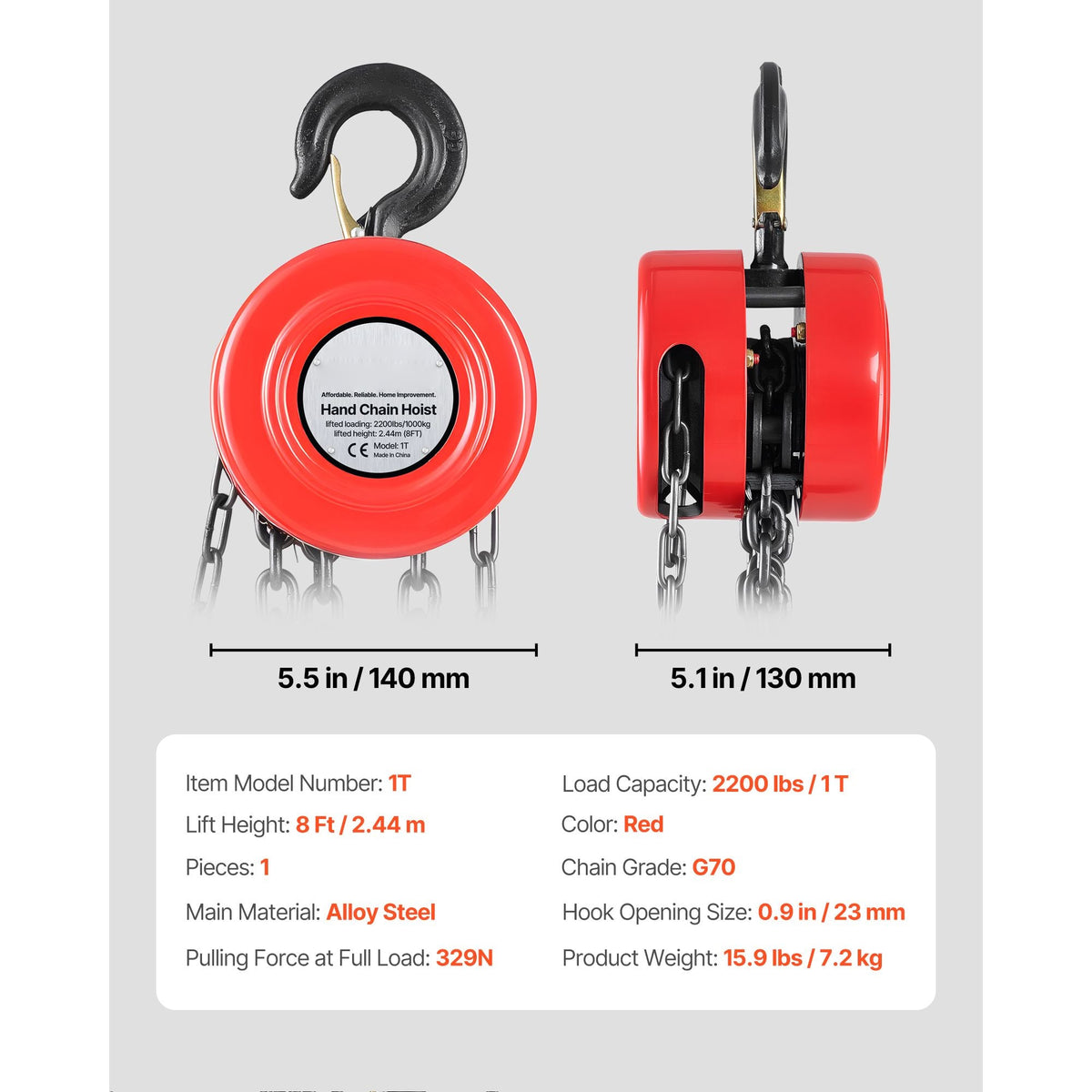 Hand Chain Hoist, 1 Ton 2200 lbs Capacity, Manual Chain Block with Upgrade G70 Galvanized Chain, 8 ft Lifting Height, Heavy Duty Pulley Hoist for Garage Warehouse Automotive Machinery, Red