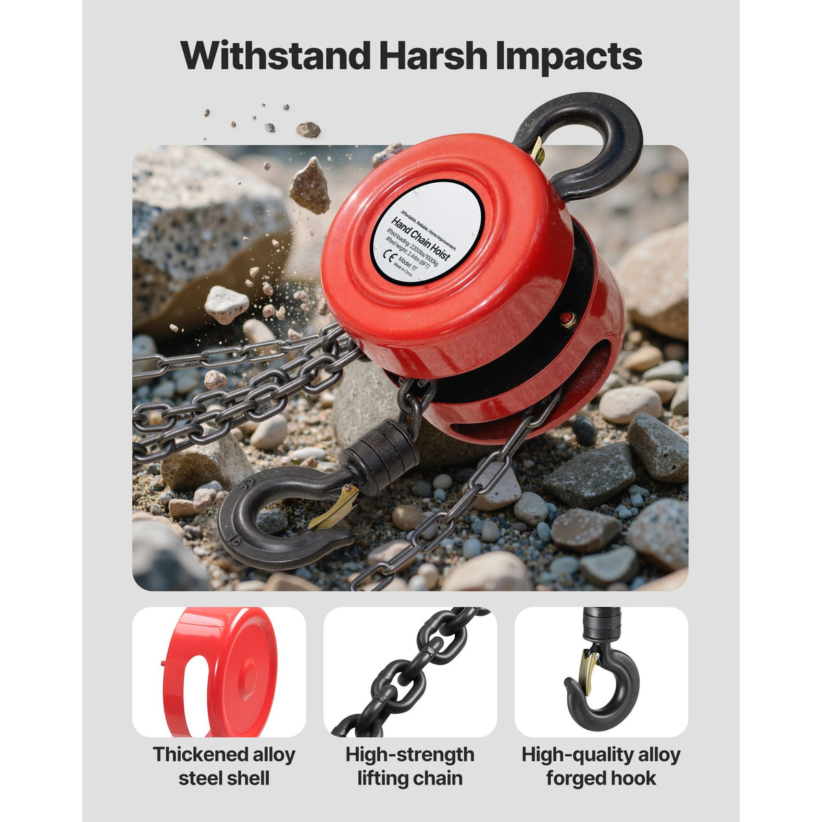 Hand Chain Hoist, 1 Ton 2200 lbs Capacity, Manual Chain Block with Upgrade G70 Galvanized Chain, 8 ft Lifting Height, Heavy Duty Pulley Hoist for Garage Warehouse Automotive Machinery, Red