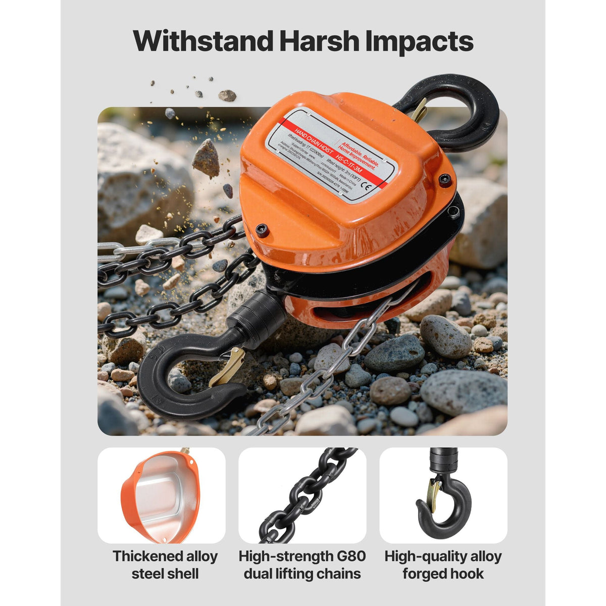 Hand Chain Hoist, 1 Ton 2200 lbs Capacity, Manual Chain Block with Upgrade G80 Galvanized Chain, 10 ft Lifting Height, Heavy Duty Pulley Hoist for Garage Warehouse Automotive Machinery, Orange