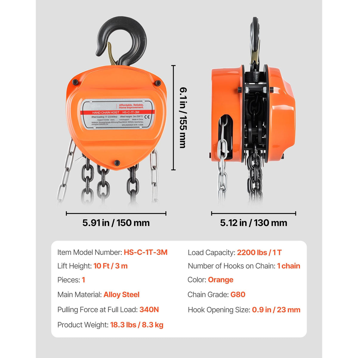 Hand Chain Hoist, 1 Ton 2200 lbs Capacity, Manual Chain Block with Upgrade G80 Galvanized Chain, 10 ft Lifting Height, Heavy Duty Pulley Hoist for Garage Warehouse Automotive Machinery, Orange