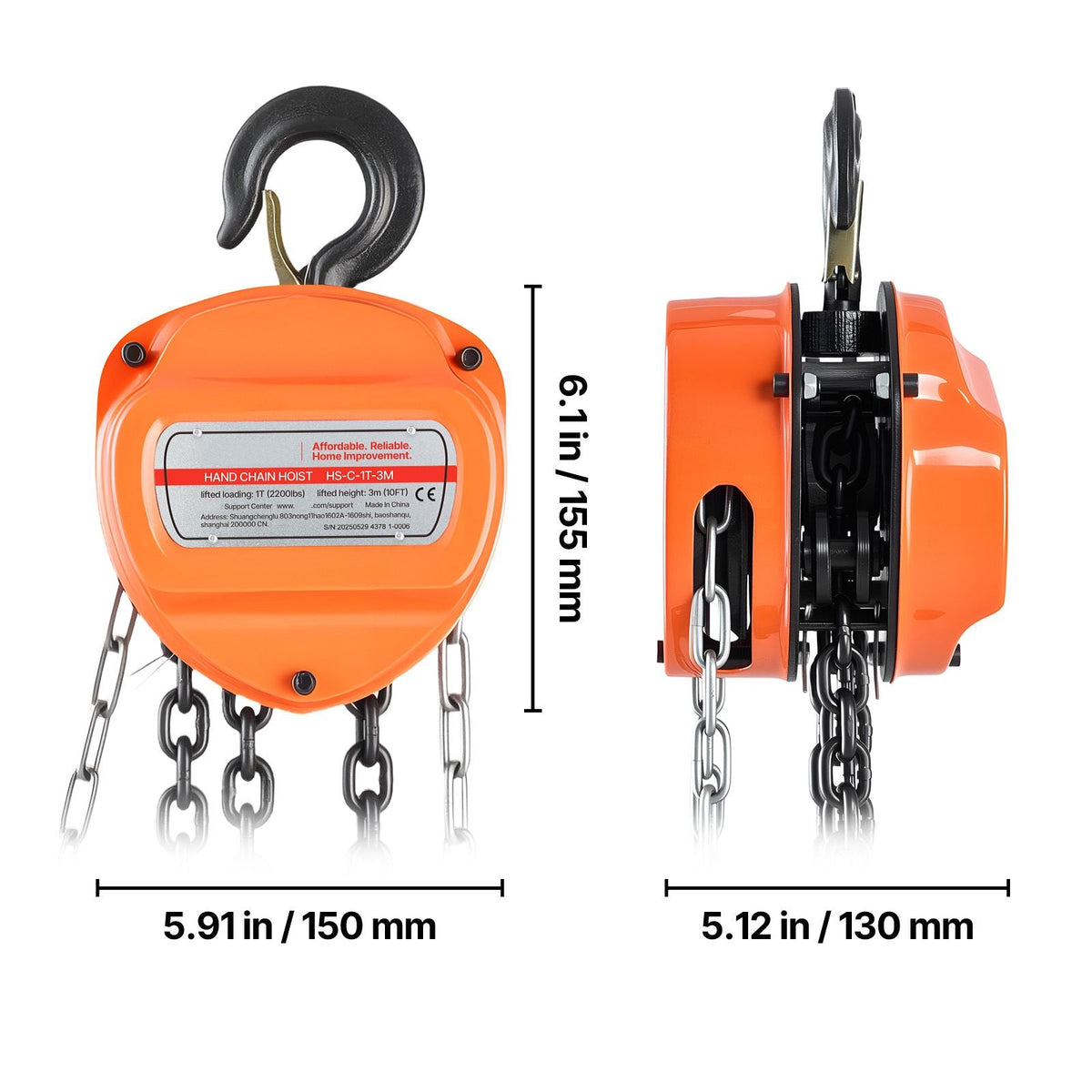 Hand Chain Hoist, 1 Ton 2200 lbs Capacity, Manual Chain Block with Upgrade G80 Galvanized Chain, 10 ft Lifting Height, Heavy Duty Pulley Hoist for Garage Warehouse Automotive Machinery, Orange
