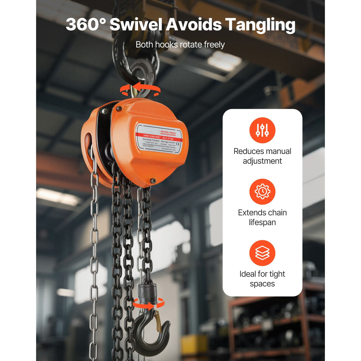 Hand Chain Hoist, 1 Ton 2200 lbs Capacity, Manual Chain Block with Upgrade G80 Galvanized Chain, 10 ft Lifting Height, Heavy Duty Pulley Hoist for Garage Warehouse Automotive Machinery, Orange
