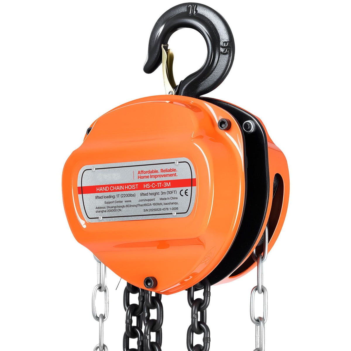 Hand Chain Hoist, 1 Ton 2200 lbs Capacity, Manual Chain Block with Upgrade G80 Galvanized Chain, 10 ft Lifting Height, Heavy Duty Pulley Hoist for Garage Warehouse Automotive Machinery, Orange