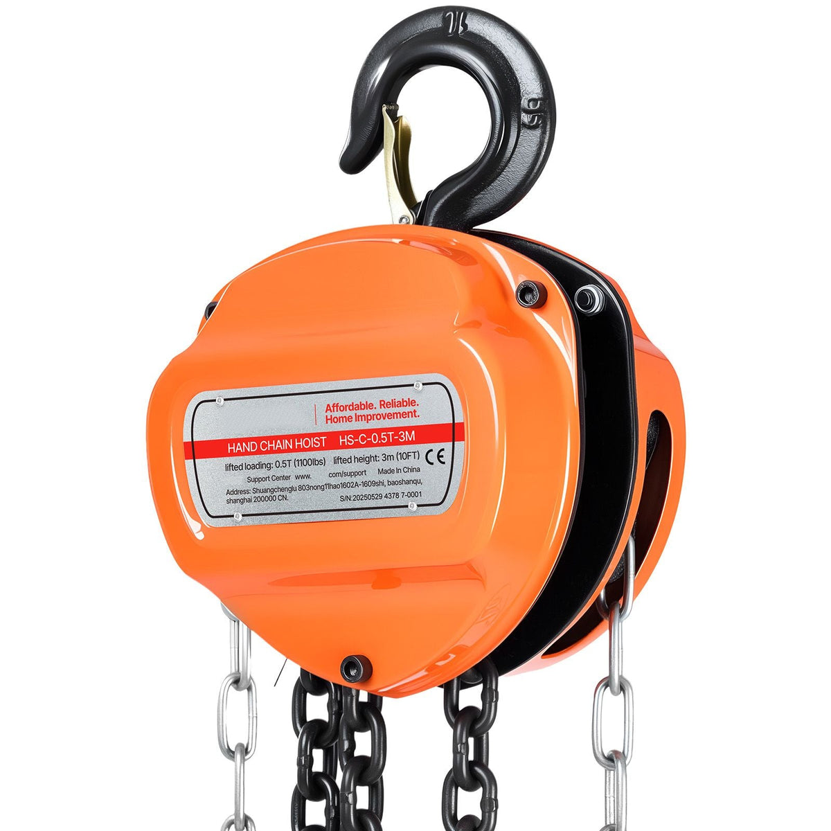Hand Chain Hoist, 1/2 Ton 1100 lbs Capacity, Manual Chain Block with Upgrade G80 Galvanized Chain, 10 ft Lifting Height, Heavy Duty Pulley Hoist for Garage Warehouse Automotive Machinery, Orange