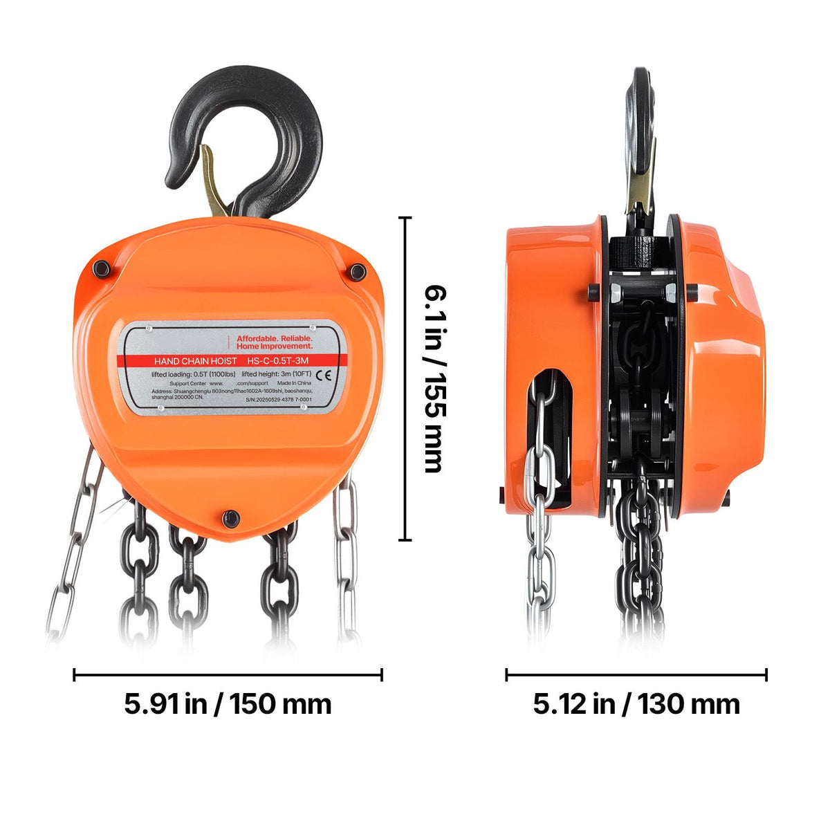 Hand Chain Hoist, 1/2 Ton 1100 lbs Capacity, Manual Chain Block with Upgrade G80 Galvanized Chain, 10 ft Lifting Height, Heavy Duty Pulley Hoist for Garage Warehouse Automotive Machinery, Orange