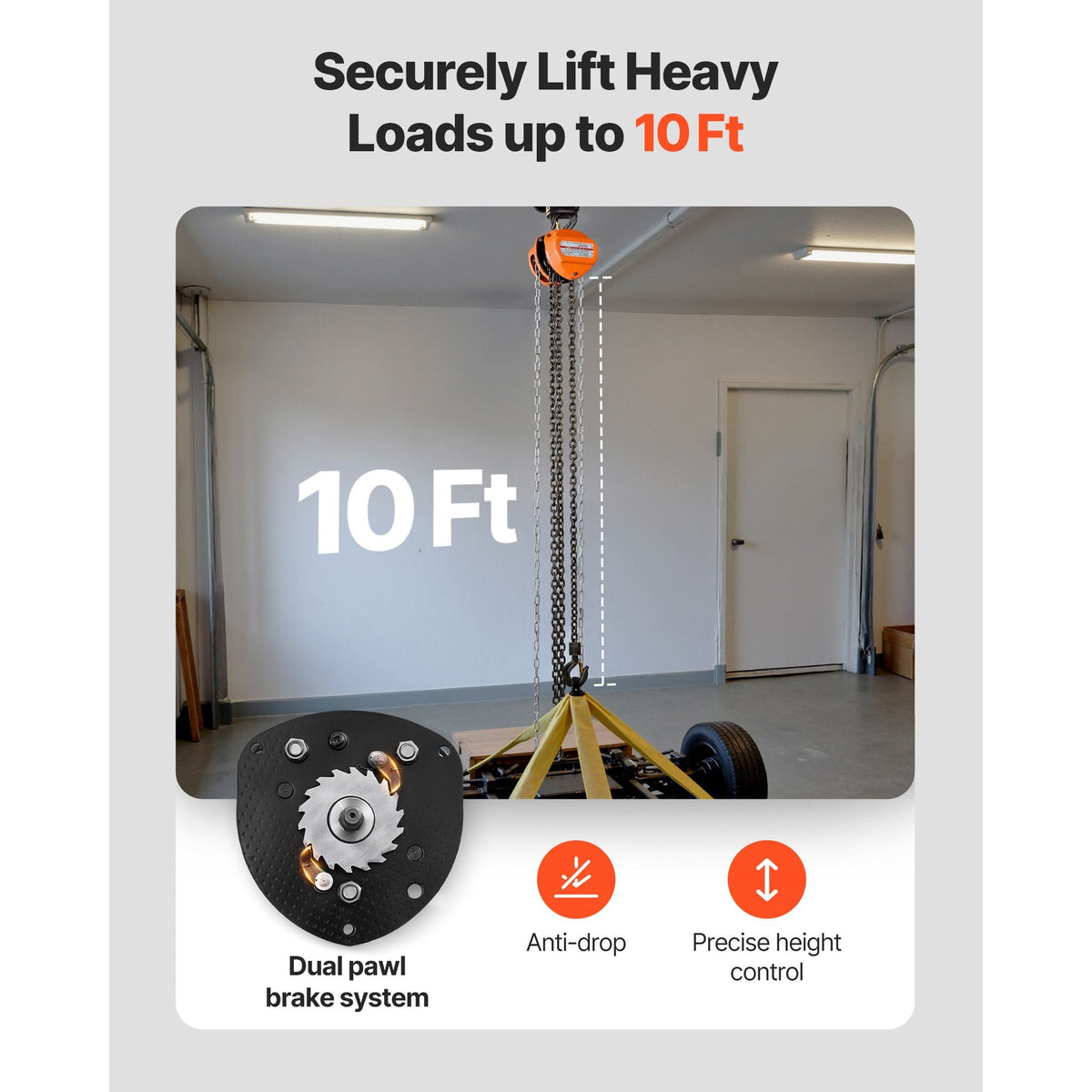 Hand Chain Hoist, 1/2 Ton 1100 lbs Capacity, Manual Chain Block with Upgrade G80 Galvanized Chain, 10 ft Lifting Height, Heavy Duty Pulley Hoist for Garage Warehouse Automotive Machinery, Orange