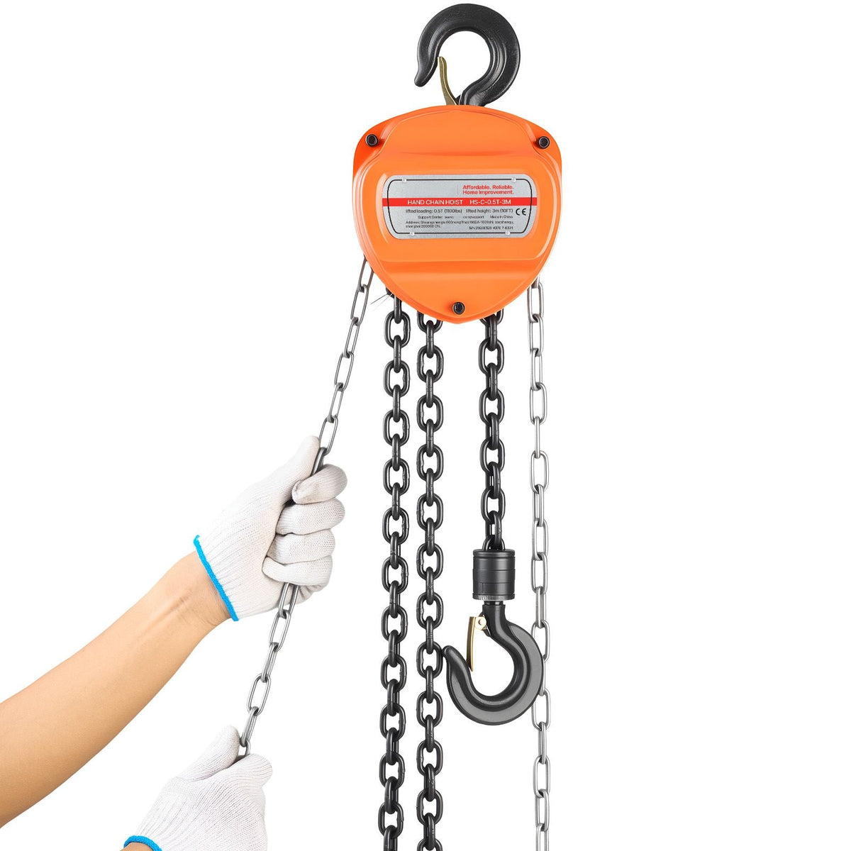 Hand Chain Hoist, 1/2 Ton 1100 lbs Capacity, Manual Chain Block with Upgrade G80 Galvanized Chain, 10 ft Lifting Height, Heavy Duty Pulley Hoist for Garage Warehouse Automotive Machinery, Orange