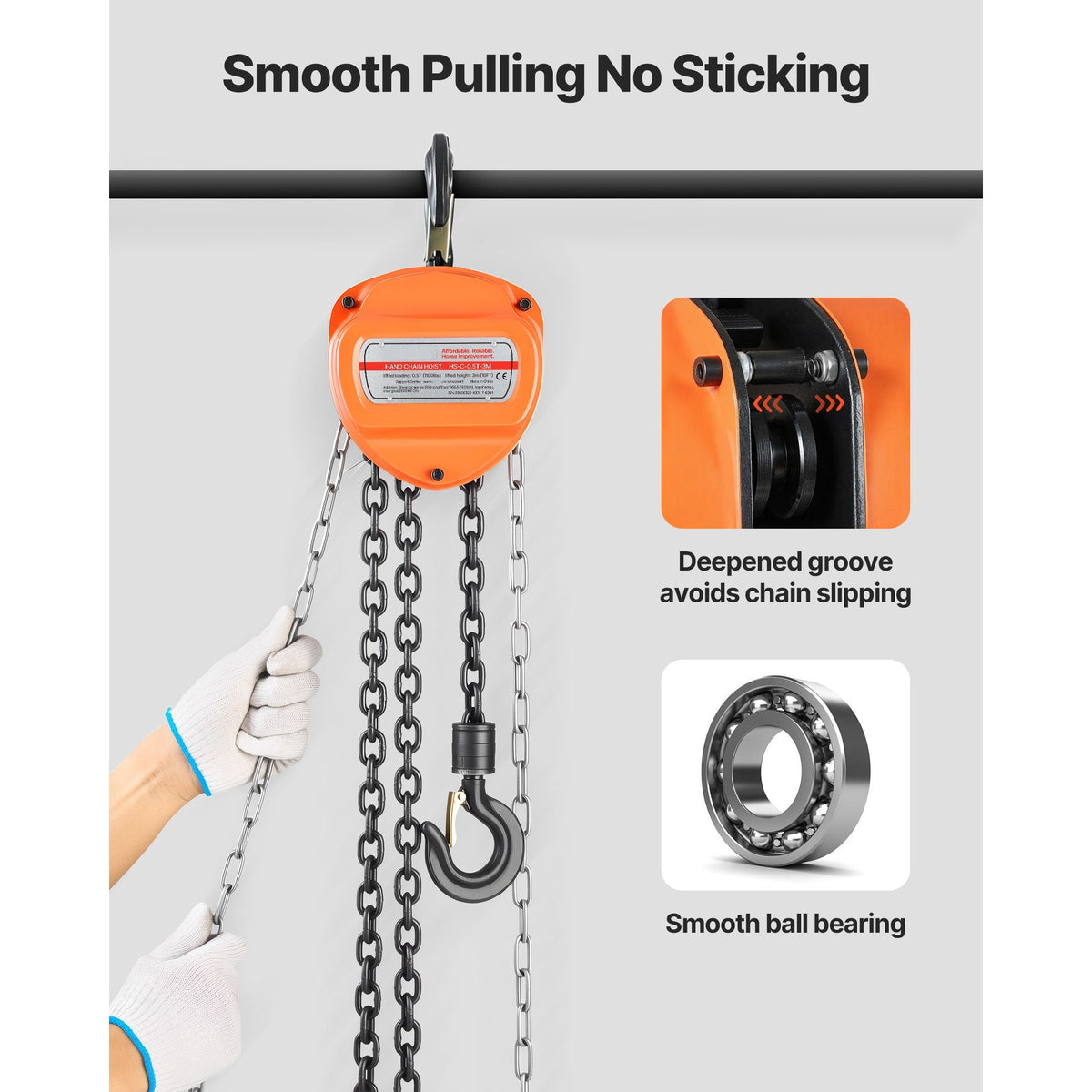 Hand Chain Hoist, 1/2 Ton 1100 lbs Capacity, Manual Chain Block with Upgrade G80 Galvanized Chain, 10 ft Lifting Height, Heavy Duty Pulley Hoist for Garage Warehouse Automotive Machinery, Orange