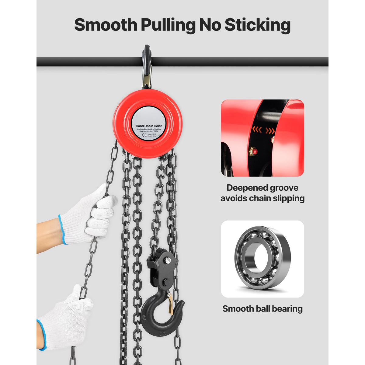 Hand Chain Hoist, 2 Ton 4400 lbs Capacity, Manual Chain Block with Upgrade G70 Galvanized Chain, 10 ft Lifting Height, Heavy Duty Pulley Hoist for Garage Warehouse Automotive Machinery, Red