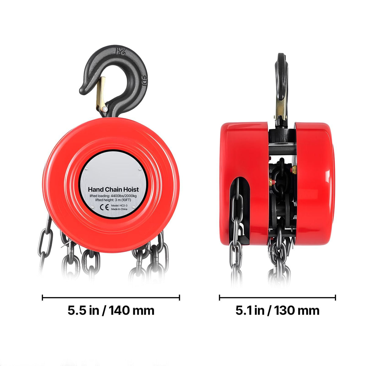 Hand Chain Hoist, 2 Ton 4400 lbs Capacity, Manual Chain Block with Upgrade G70 Galvanized Chain, 10 ft Lifting Height, Heavy Duty Pulley Hoist for Garage Warehouse Automotive Machinery, Red